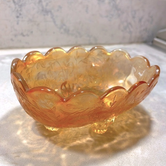 Carnival Glass Iridescent Small Candy Dish Vintage Jeanette Amber Floral Pattern - Picture 9 of 12
